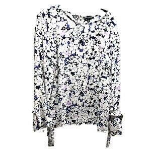 BANANA REPUBLIC Top White Blue Purple Floral Blouse‎ Tie Sleeve Women XL Career